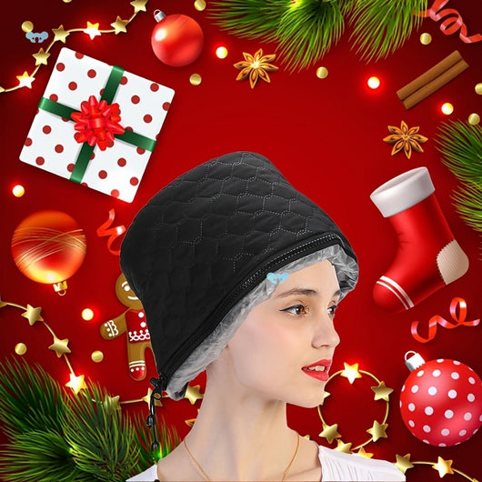 Black electric heating hair treatment cap with a quilted pattern and a white power cord with an inline switch. - Image 6