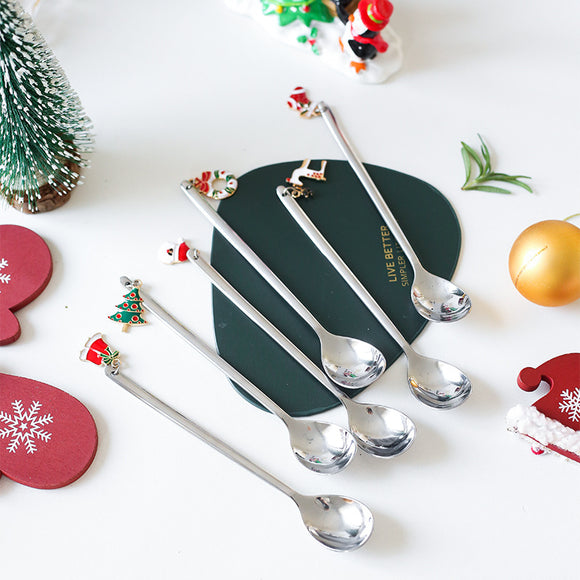 Cucharas Navideñas de Acero Inoxidable - Adornos y Revolvedor de Café para Mesa Festiva