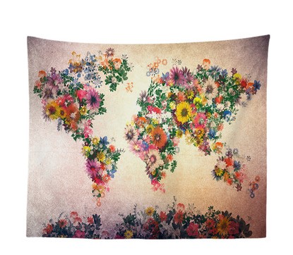Vintage watercolor world map tapestry made of colorful flowers on a distressed background, perfect for wall hanging.