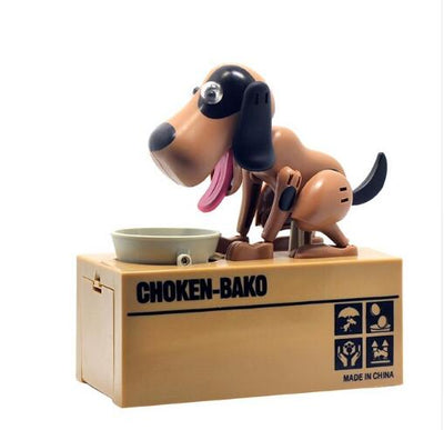 Brown robotic dog piggy bank with a red nose and pink tongue, eating a coin from a grey bowl. - Image 5