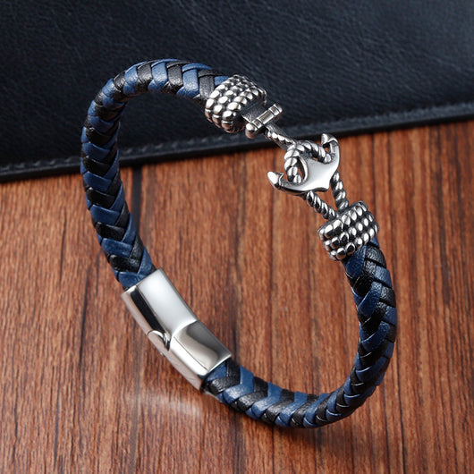 Pulsera de Acero Titanio para Hombre con Cuero Trenzado y Ancla - Image 6