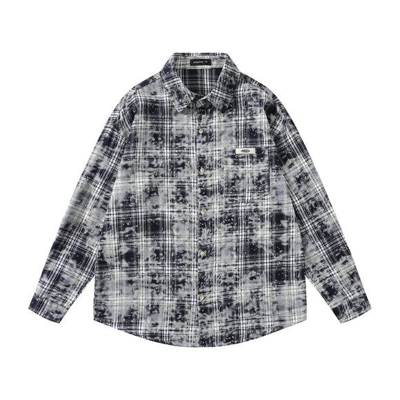Camisa Masculina Manga Longa Xadrez Tie-Dye Vintage Estilo Retrô