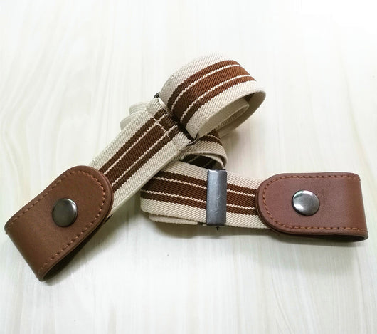 Beige elastic no-buckle belt with adjustable clips, designed for an invisible and comfortable fit. - Image 17