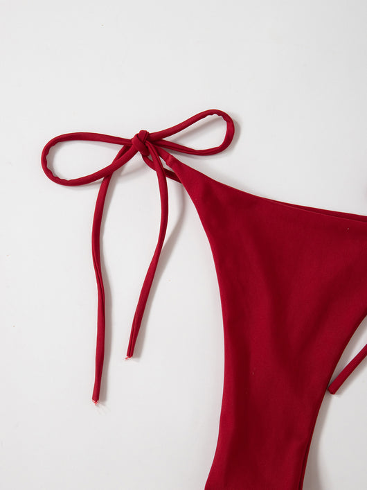 Red solid color two-piece bikini swimsuit with a halter tie-top and adjustable tie-side thong bottom. - Image 25