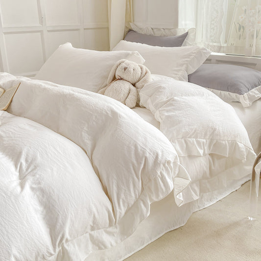 Juego de Cama Blanco de 4 Piezas Estilo Princesa, Algodón Lavado a la Piedra