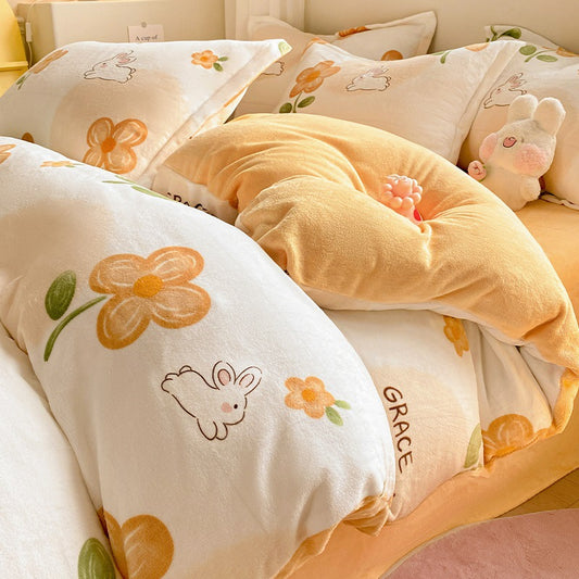Juego de Cama Invierno Franela Coral 4 Piezas - Funda Nórdica y Sábanas Gruesas