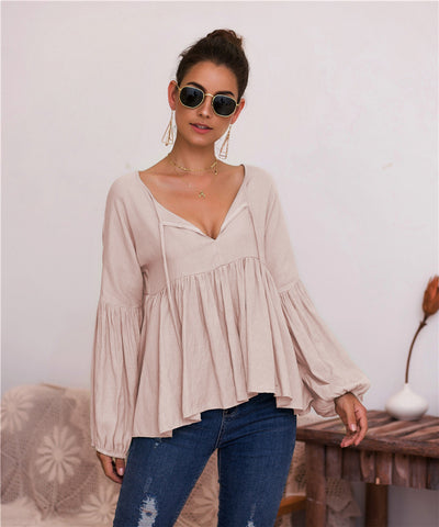 Blusa V-Neck con Mangas Abullonadas en Colores Sólidos - Image 7