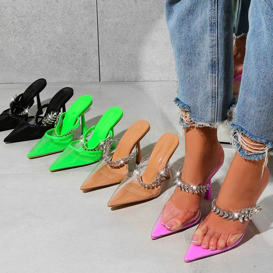 Sandalias de Tacón Alto Puntiagudo con Cristales de Lujo en Colores Frutales