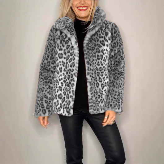 Abrigo Femenino Estampado Leopardo con Solapa y Cuero Sintético - Image 3