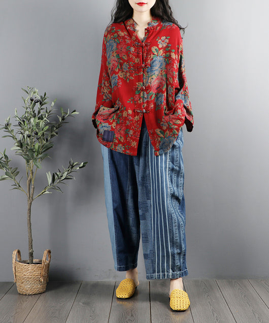 Camisa Retro Étnica con Cuello Mao y Estampado Floral - Image 10