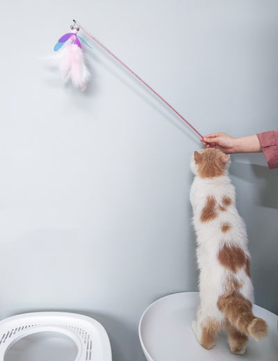 Fluffy pink feather cat toy replacement head with iridescent purple and blue wings, small bells, and a hook. - Image 8