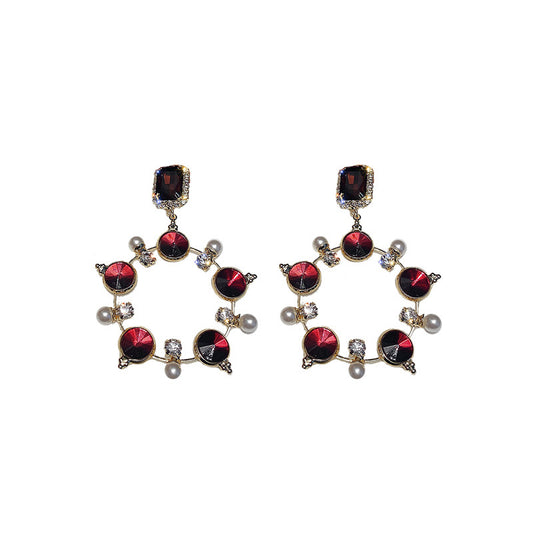 Aretes Circulares de Diamante Brillante con Perla de Cristal