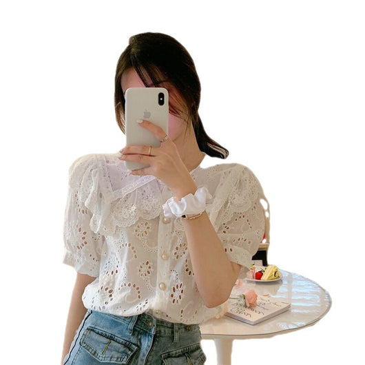 Blusa de Encaje Blanco con Cuello Muñeca y Solapa Grande para Mujer - Image 7