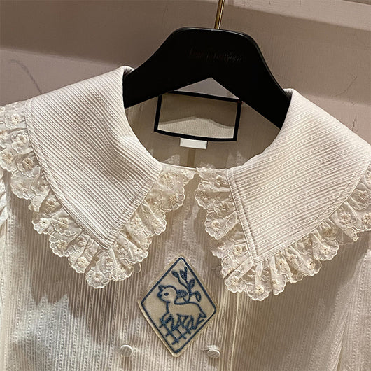 Blusa Suelta con Cuello Fruncido Bordado y Manga Corta para Mujer - Image 10