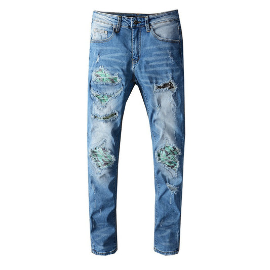 Jeans Slim Fit para Hombre con Roturas y Parches de Colores - High Street Tide