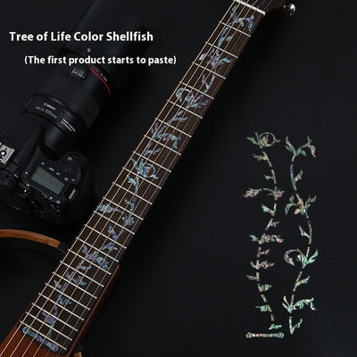 Blue cloud-shaped inlay stickers for guitar fingerboards, shown on a guitar neck and as a full sheet. - Image 8
