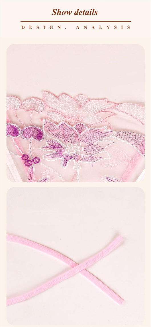 Light pink sheer lace bralette and thong set with delicate floral embroidery, modeled on a mannequin. - Image 8