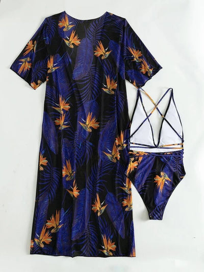 Women's tropical print one-piece swimsuit with deep V-neck and high-cut leg, paired with a matching long-sleeve cover-up. - Image 10