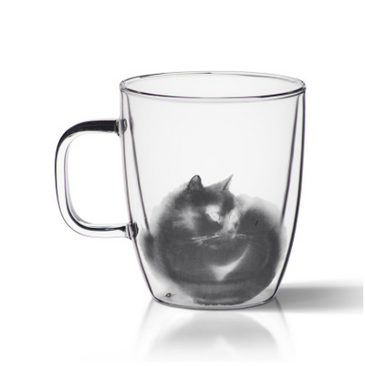 Taza Térmica de Vidrio Soplado con Diseño de Gato - Doble Aislamiento