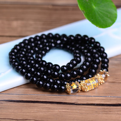 Pulsera de Cristal Obsidiana Blanca con Mantra de 6 Palabras y Los 12 Signos del Zodiaco - 4 Anillos