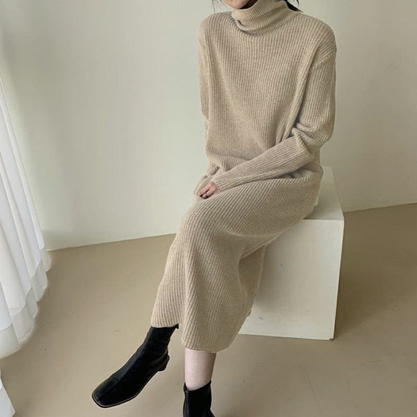 Vestido Suéter Largo Cuello Alto Holgado Hasta la Rodilla para Mujer