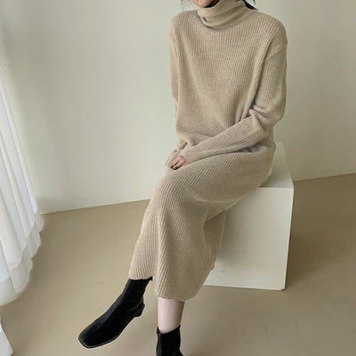 Vestido Suéter Largo Cuello Alto Holgado Hasta la Rodilla para Mujer