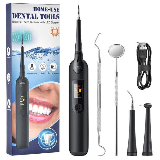 Black electric dental scaler kit with LED screen, dental pick, mirror, polishing head, and USB cable for home use. - Image 9