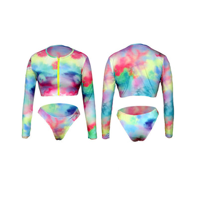 Women's tie-dye long-sleeve crop top swimsuit with high-cut bikini bottoms, featuring a colorful print. - Image 7