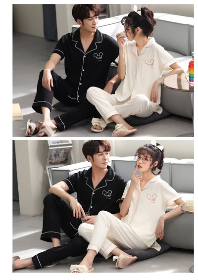 Matching red cotton couple pajamas with short sleeves, long pants, gold piping, and "Love you Dnaw" embroidery. - Image 14