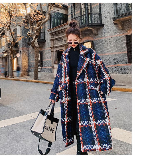 Abrigo Tweed Cuadros Contrastados Corte Recto Largo Medio