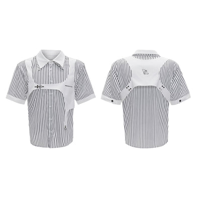 Camisa Rayada Blanco y Negro con Cuello Doble y Efecto Dos Piezas - Image 2
