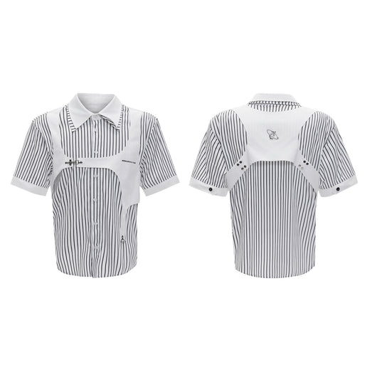 Camisa Rayada Blanco y Negro con Cuello Doble y Efecto Dos Piezas - Image 2