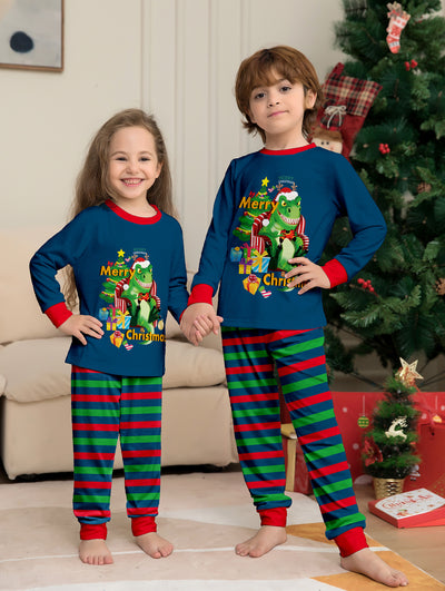 Child's blue long-sleeve Christmas pajamas with a dinosaur graphic and red and green striped pants. - Image 16