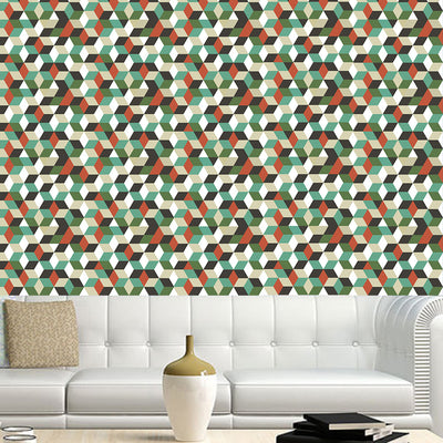 Waterproof self-adhesive wall sticker with a geometric 3D cube pattern in green, teal, orange, black, and white. - Image 11