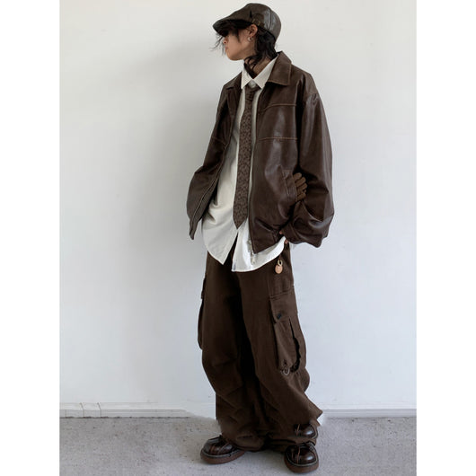 Chaqueta de Cuero Motociclista Retro Japonés Oversized Street - Image 3