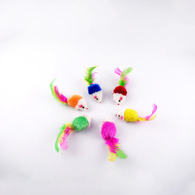 Multicolor pet cat toy set with feather wands, plush mice, sisal balls, plastic balls, and a catnip pouch. - Image 10