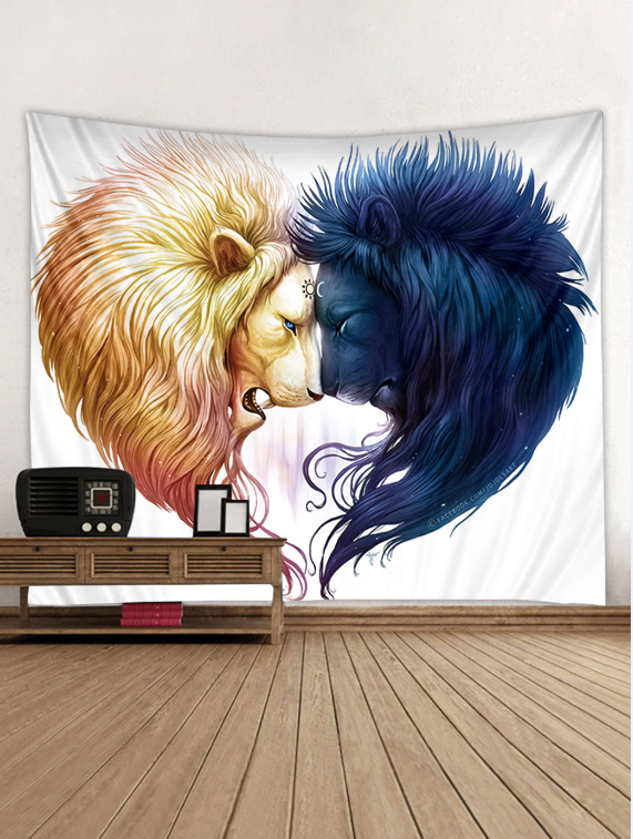 White tapestry featuring two stylized lion heads, one golden with a sun symbol and one dark blue with a moon symbol, facing each other.