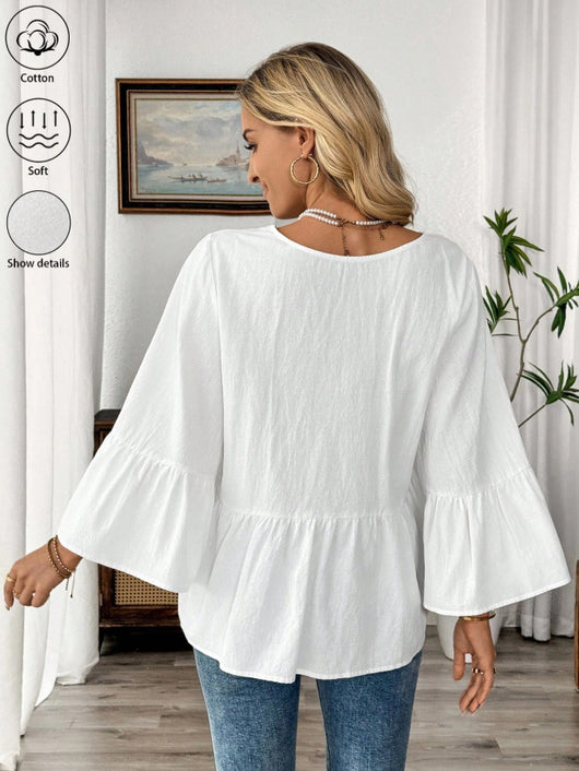 Blusa Cuello V con Mangas Volantes en Colores Sólidos - Image 20