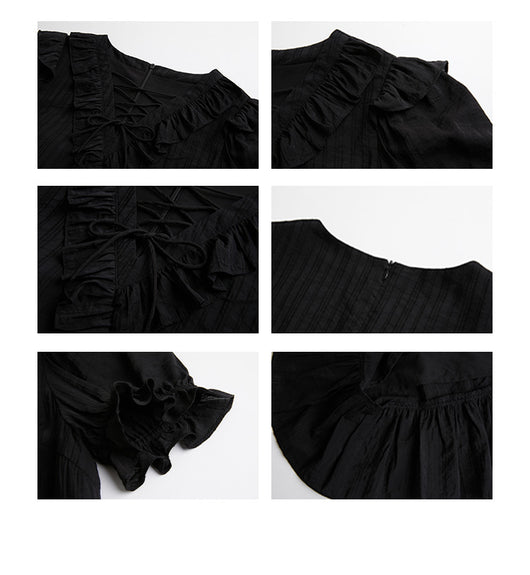 Vestido Negro Elegante con Lazos y Volantes - Image 6