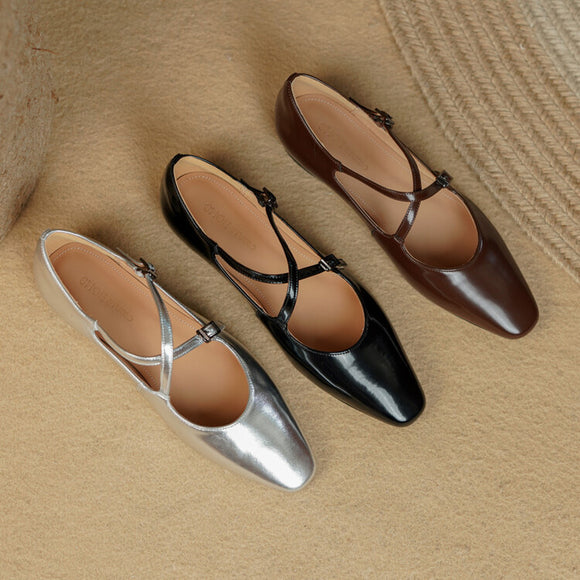 Zapatos Casuales Retro de Cuero Genuino con Punta Redonda para Mujer