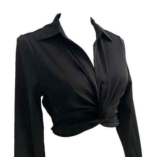 Blusa Crop Top Negra con Lazo, Cuello en V y Ajuste Slim - Image 2