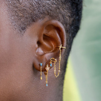 Aretes Colgantes de Oro Real con Zirconia y Clip para Cartílago - Image 4