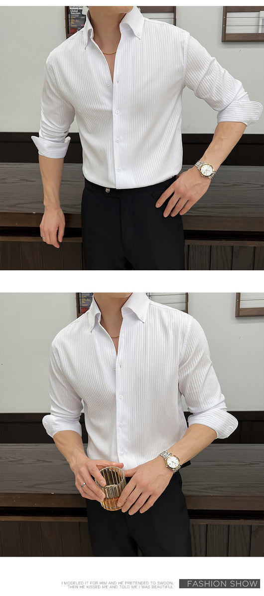 Camisa de Manga Larga con Rayas Oscuras Cuello en V para Hombre - Image 23