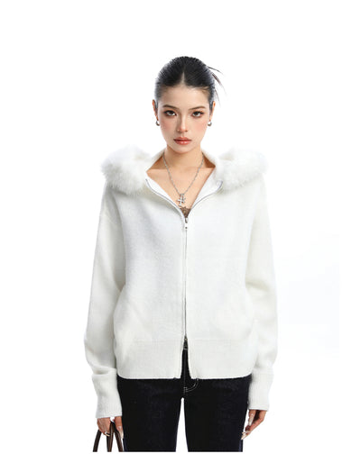 Abrigo Cardigan con Capucha y Cuello de Pelaje Beige para Mujer - Image 18