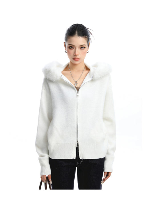 Abrigo Cardigan con Capucha y Cuello de Pelaje Beige para Mujer - Image 18