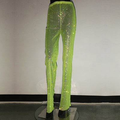 Pantalones Anchos de Tiro Alto con Detalles de Strass y Malla - Image 9