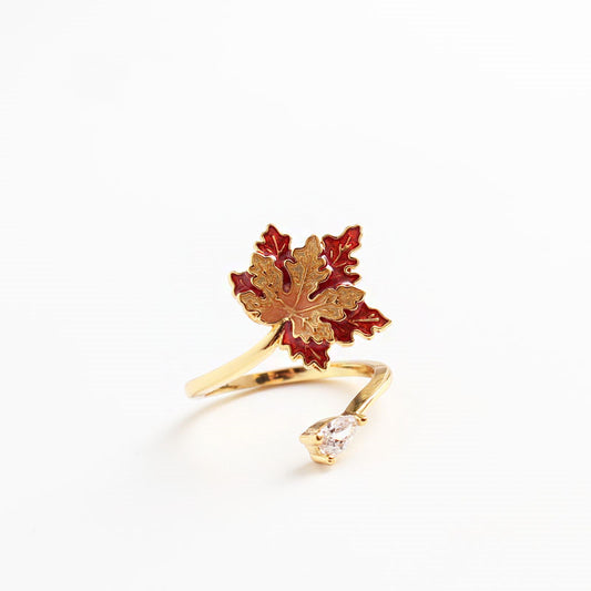 Anillo de Oro 18K con Hoja de Arce y Esmalte Degradado