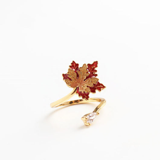 Anillo de Oro 18K con Hoja de Arce y Esmalte Degradado