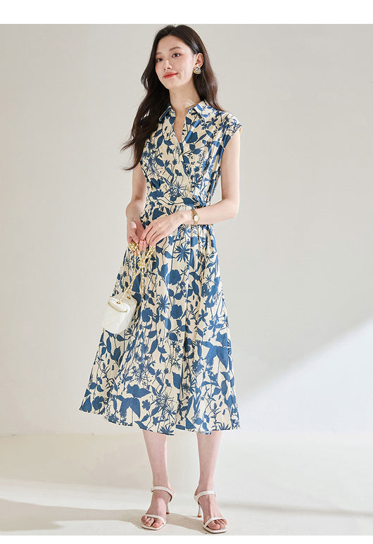 Vestido Camisero Ajustado Estampado Azul y Blanco - Image 8