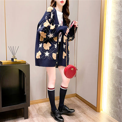 Cardigan Suelto de Punto con Osito para Mujer - Cuello V Oversize - Image 10